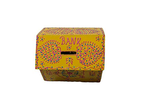 Heritage wood crafts Handicraft 100% Good Wooden Piggy Bank Heena Work for Kids and Adults HUT Shape Piggy Bank/Money Bank for Kids and Adult WE Put This Product First TIME ON Amazon (Yellow)